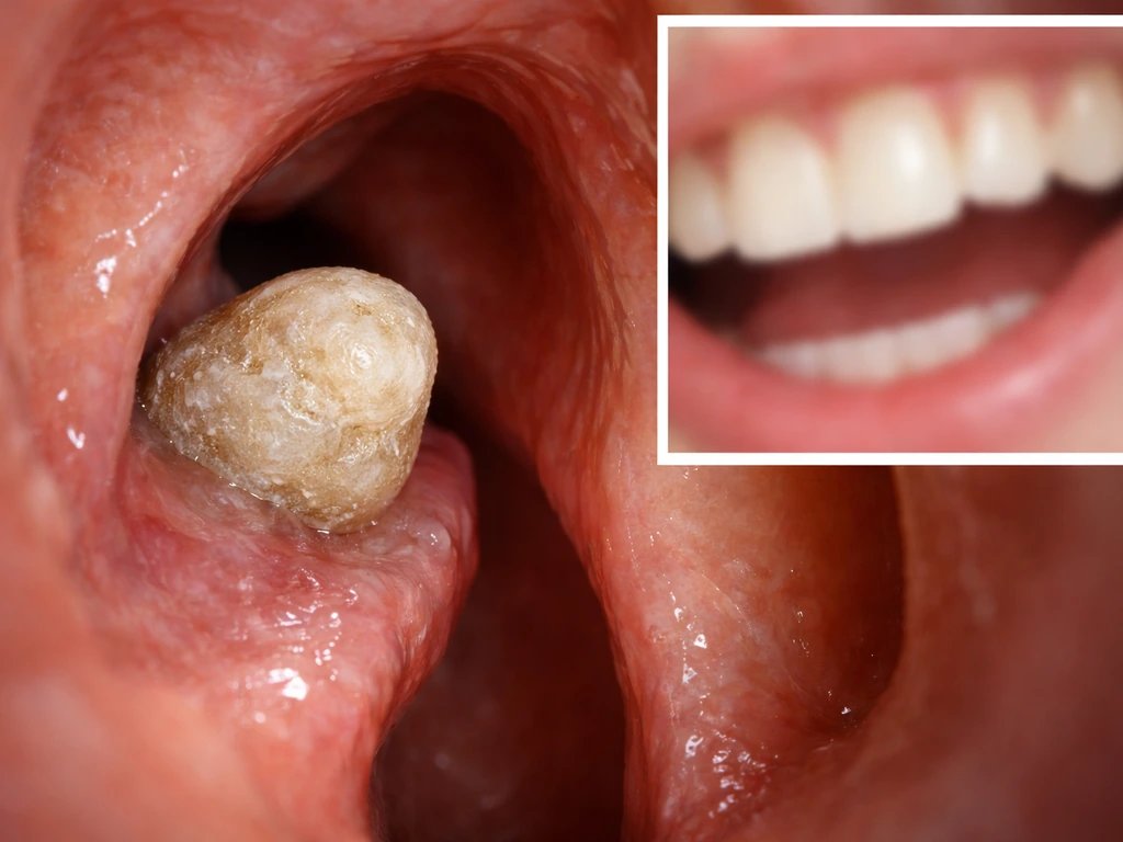 Realistic close-up of nasal cavity textures with a calcified tooth-like lump, contrasted by simple mouth anatomy detail.