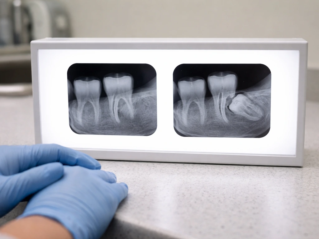Dental X-ray viewer showing two small jaw-region frames: normal eruption area vs an ectopic tooth-like finding.