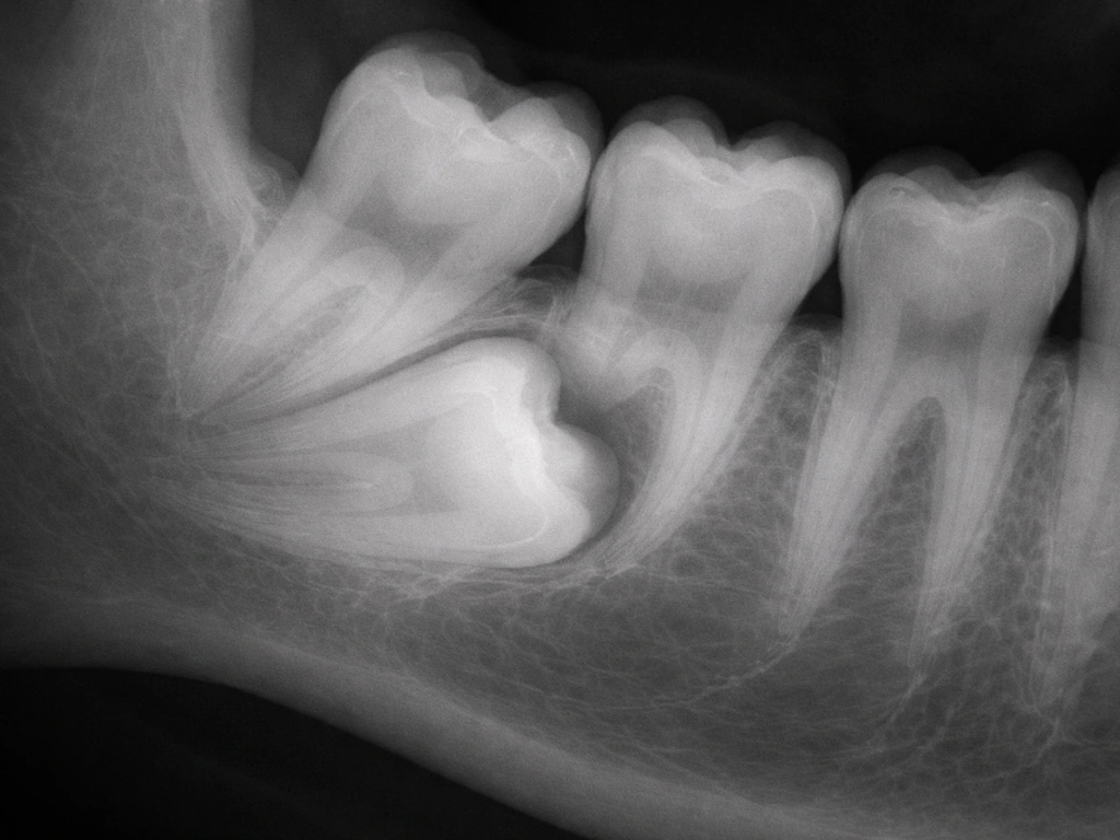Close-up dental x-ray style view showing an impacted tooth blocked by neighboring teeth and bone.