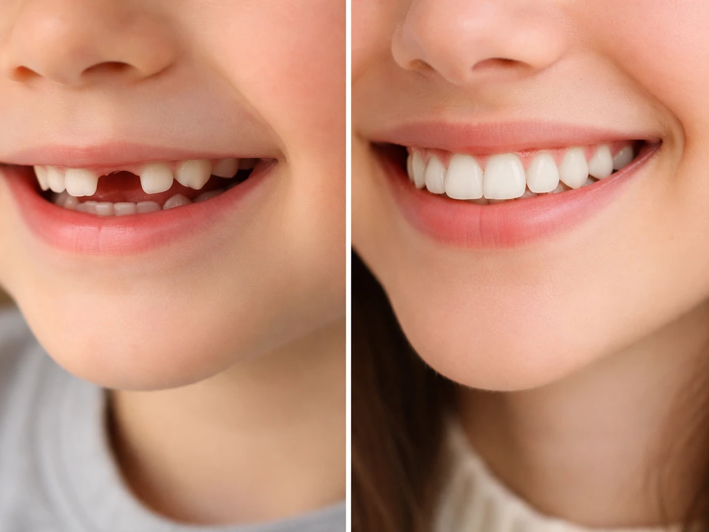 Minimal split-scene showing missing baby front tooth on a child and fully erupted front incisors in an older teen.