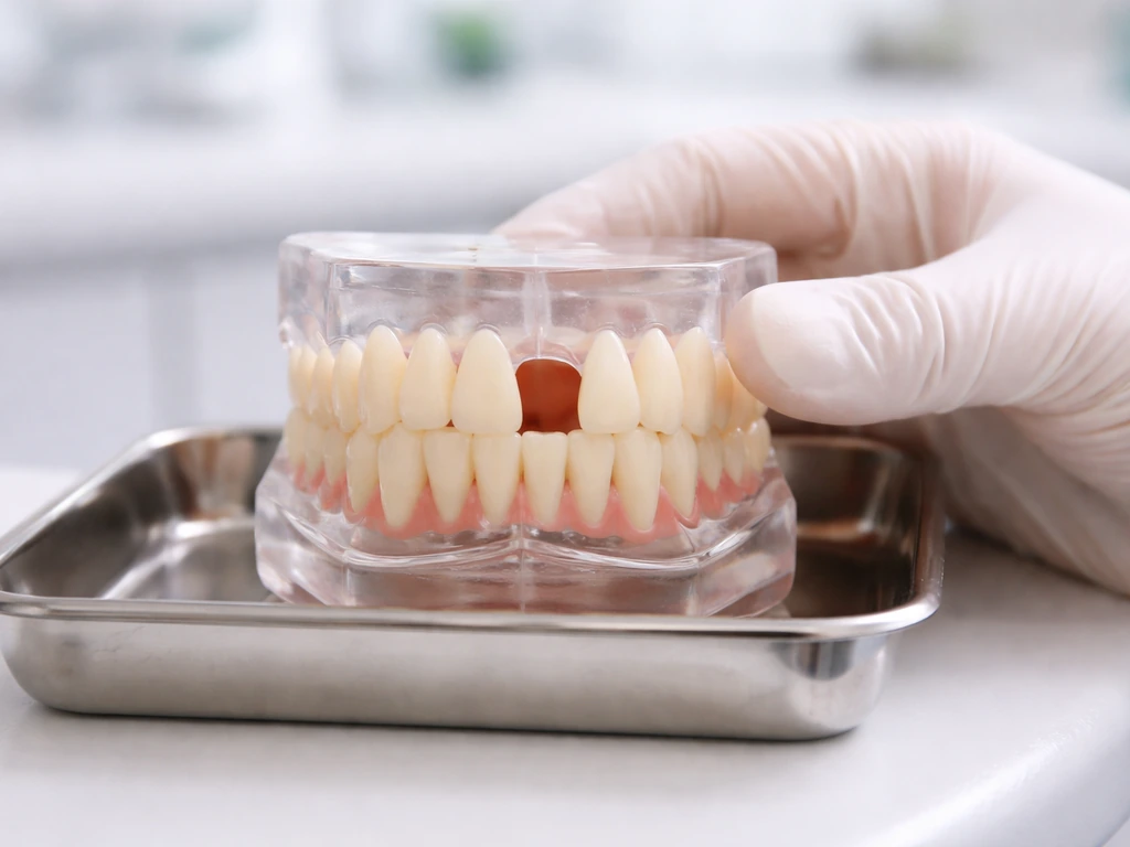 Dental model in a clinic with a visible missing upper front tooth area, held by gloved hand.