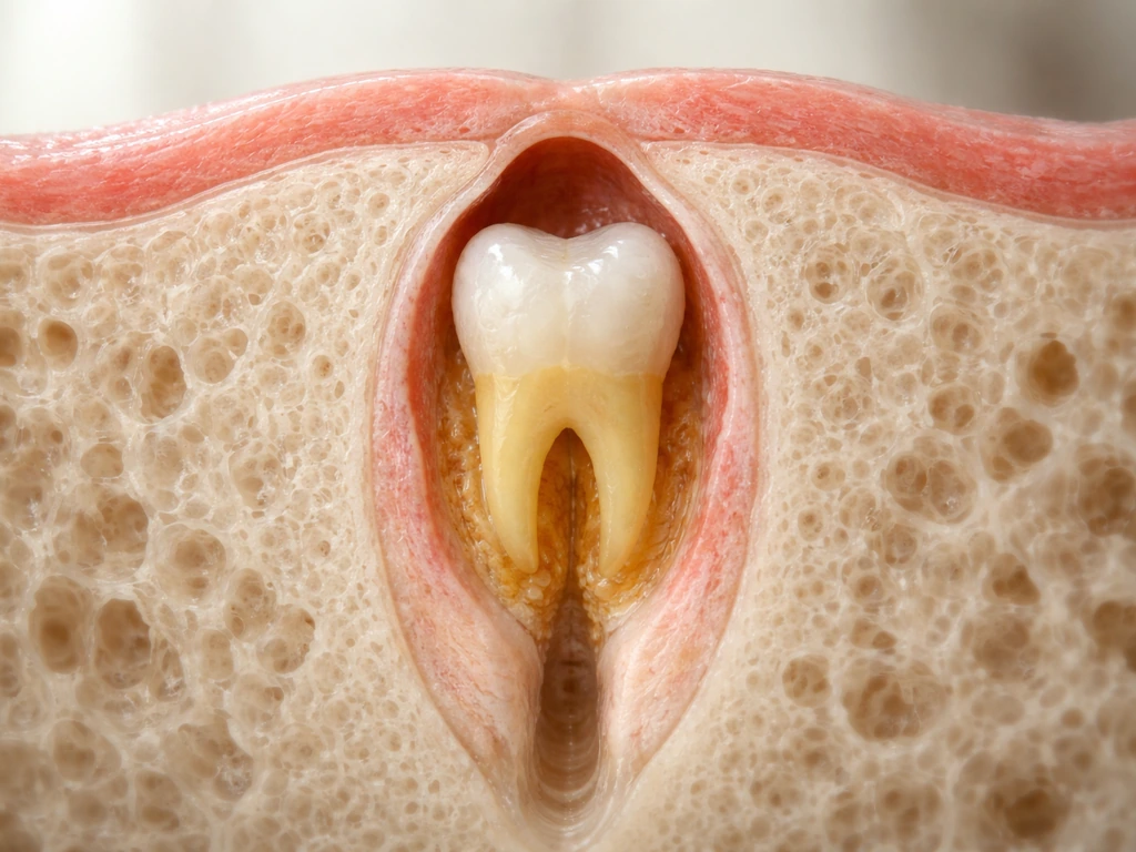 Cross-section of jaw showing a developing tooth in its dental follicle heading toward the gumline.