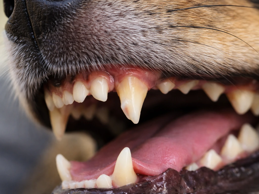 Close-up of a dog’s broken K9 tooth and irritated gumline, suggesting urgent dental concern.