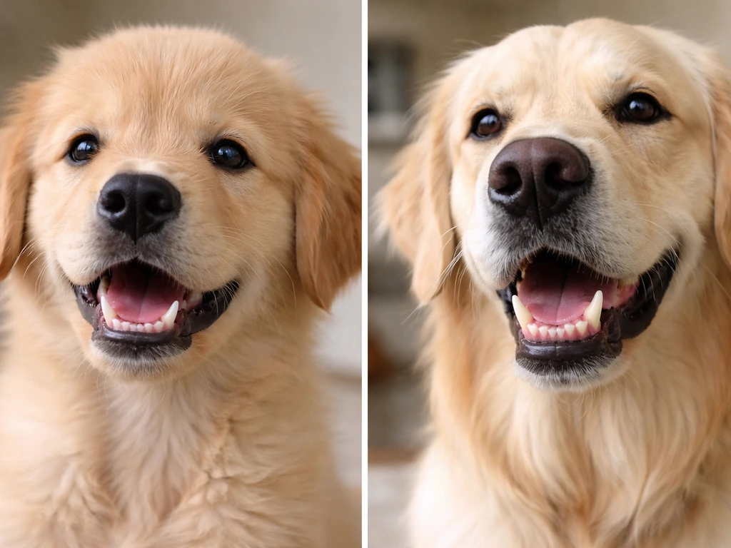Split-view photo showing a puppy and an adult dog with visible teeth to compare normal canine changes.