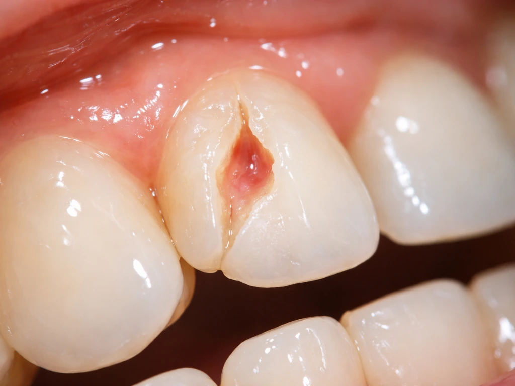 Close-up macro of a broken canine tooth with pink/red exposed pulp in the center.