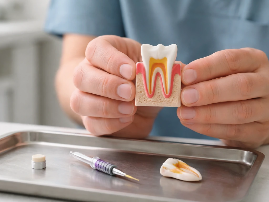 Dog veterinarian holding a tooth model showing choices between sealing, root canal, and extraction.