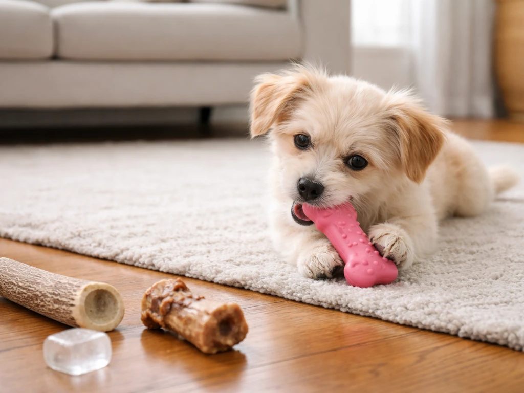 Dog chewing safe soft chew toy on rug while hard bone and ice cube sit aside on the floor