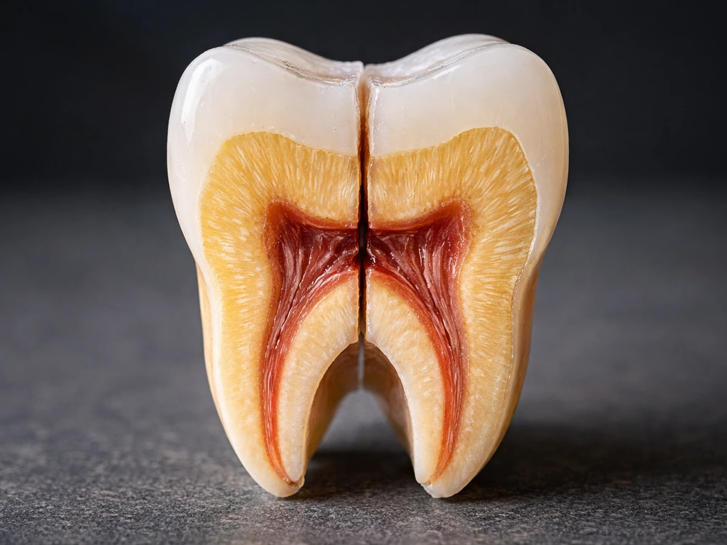 Close-up macro of tooth cross-section showing enamel, dentin, and pulp layers with clear depth and textures.