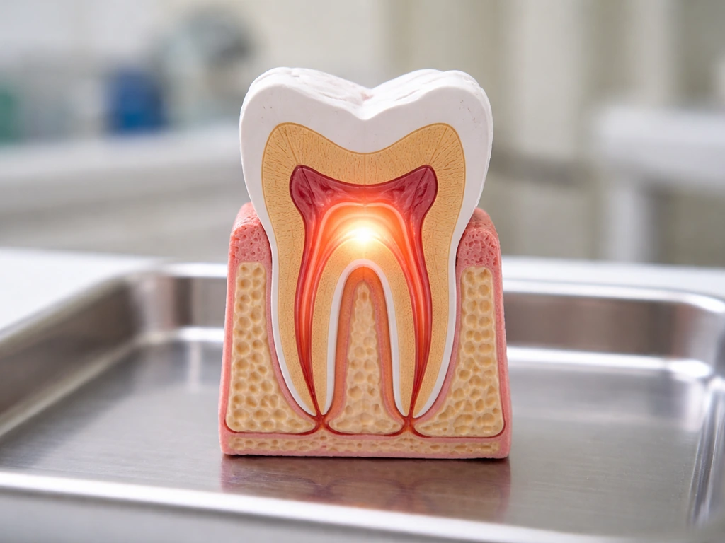 Dental cross-section model highlighting the pulp chamber and canal space with gentle glow emphasis.