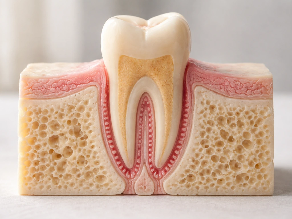 Minimal close-up of a dental root model showing periodontal ligament attachment to surrounding bone.