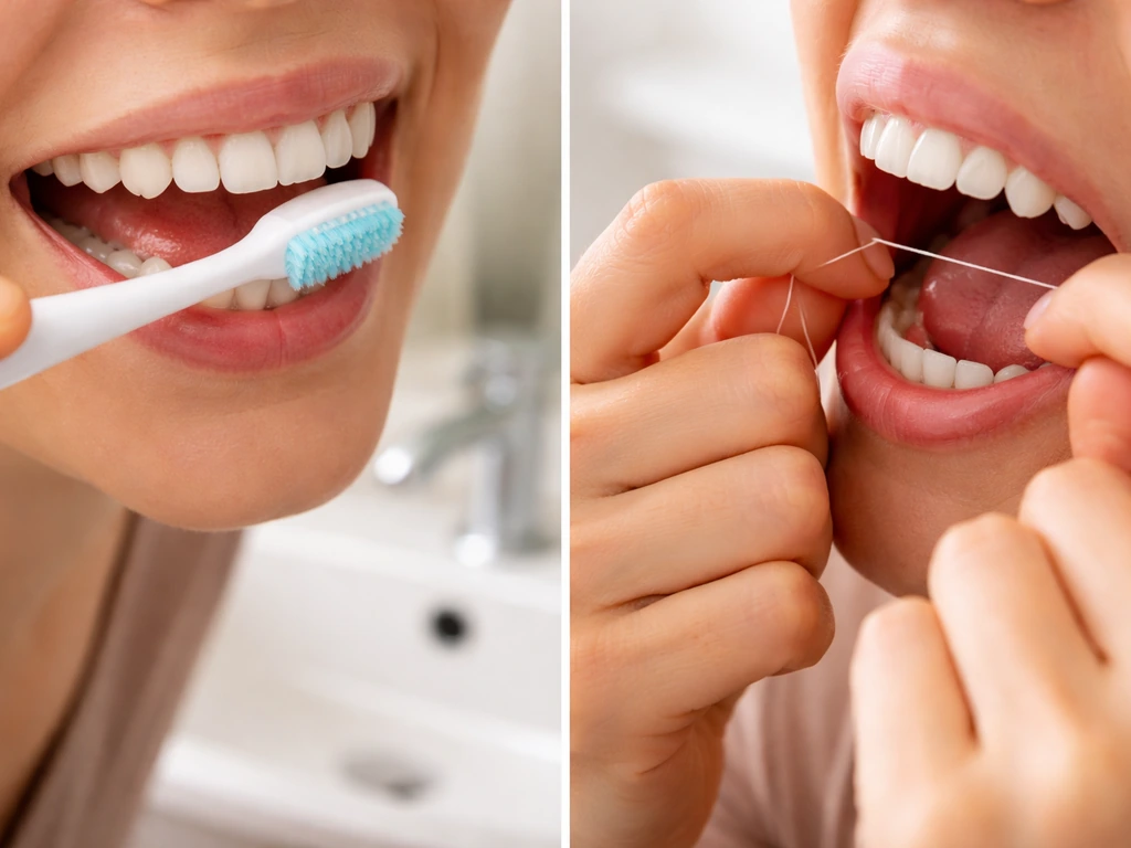 Close-up of hands brushing and flossing near the gumline at the back molars, reducing inflammation.