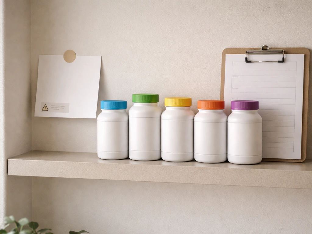 Still life of “tooth regrowth” supplement bottles on a bathroom shelf beside a blank medical-style note