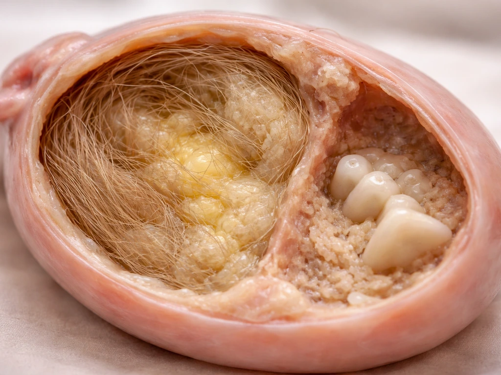 Close-up of a simple cyst cross-section showing hair-fine strands and a small tooth-like calcified area
