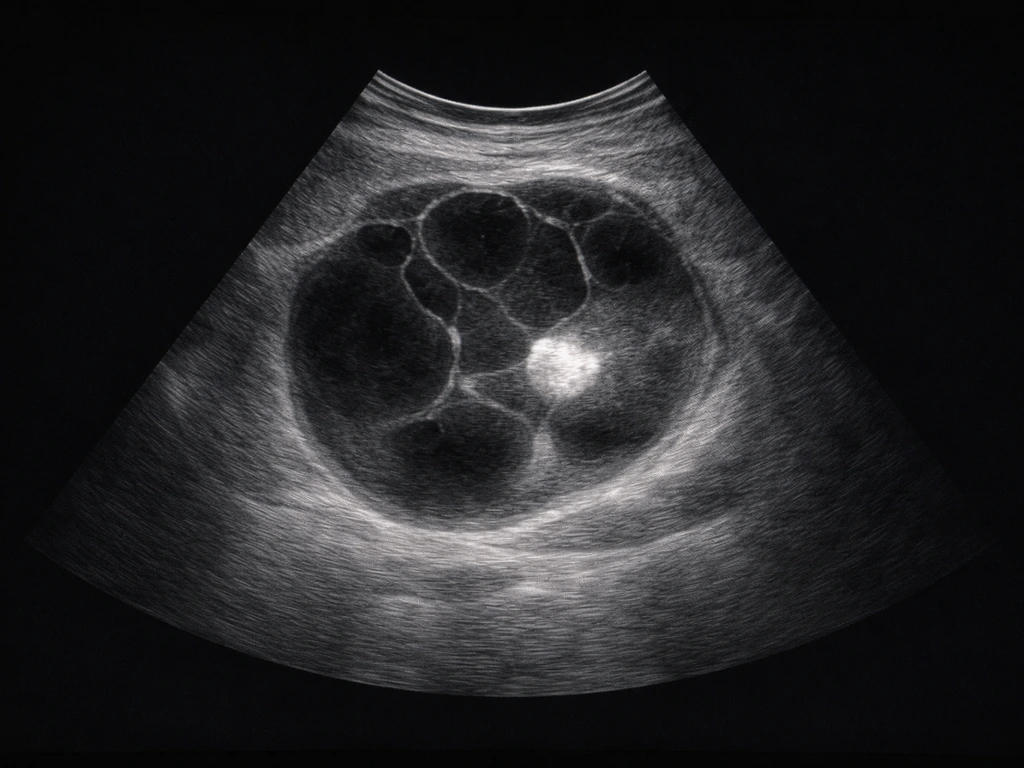 Ultrasound-like view of a complex pelvic cystic mass with a bright hyperechoic nodule and shadowing