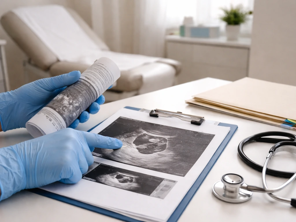 Gloved hands in a gynecology clinic holding an ultrasound printout and clipboard with a stethoscope.