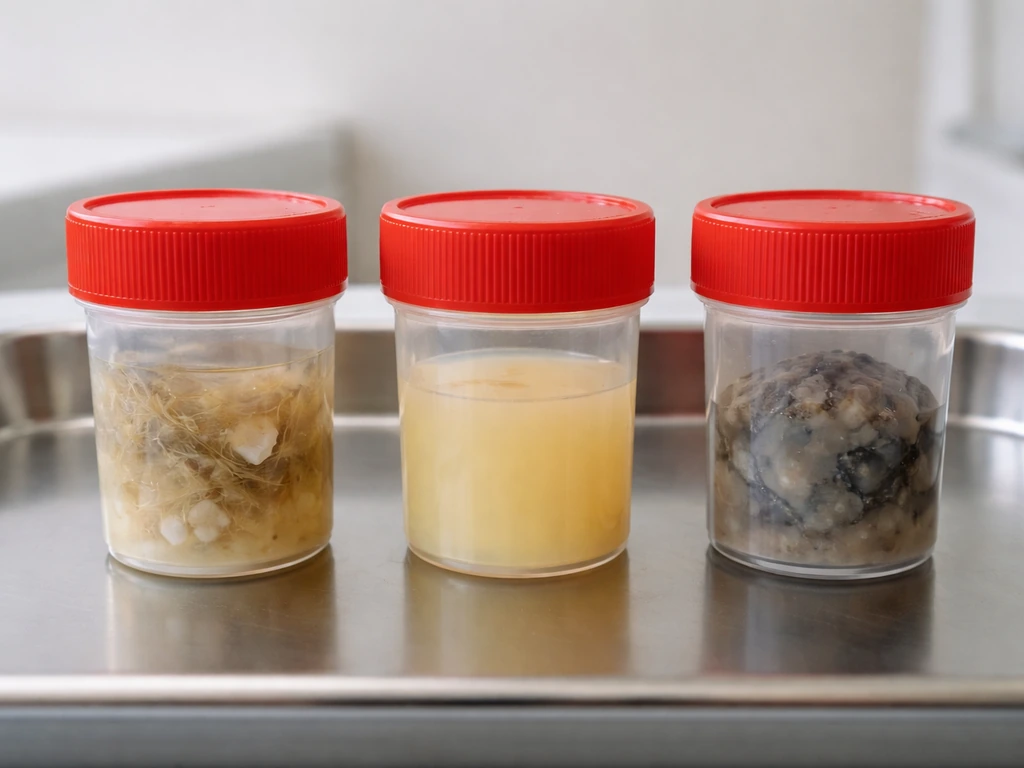 Minimal medical still life showing three distinct specimen-like forms to represent teratomas, functional cysts, and mali