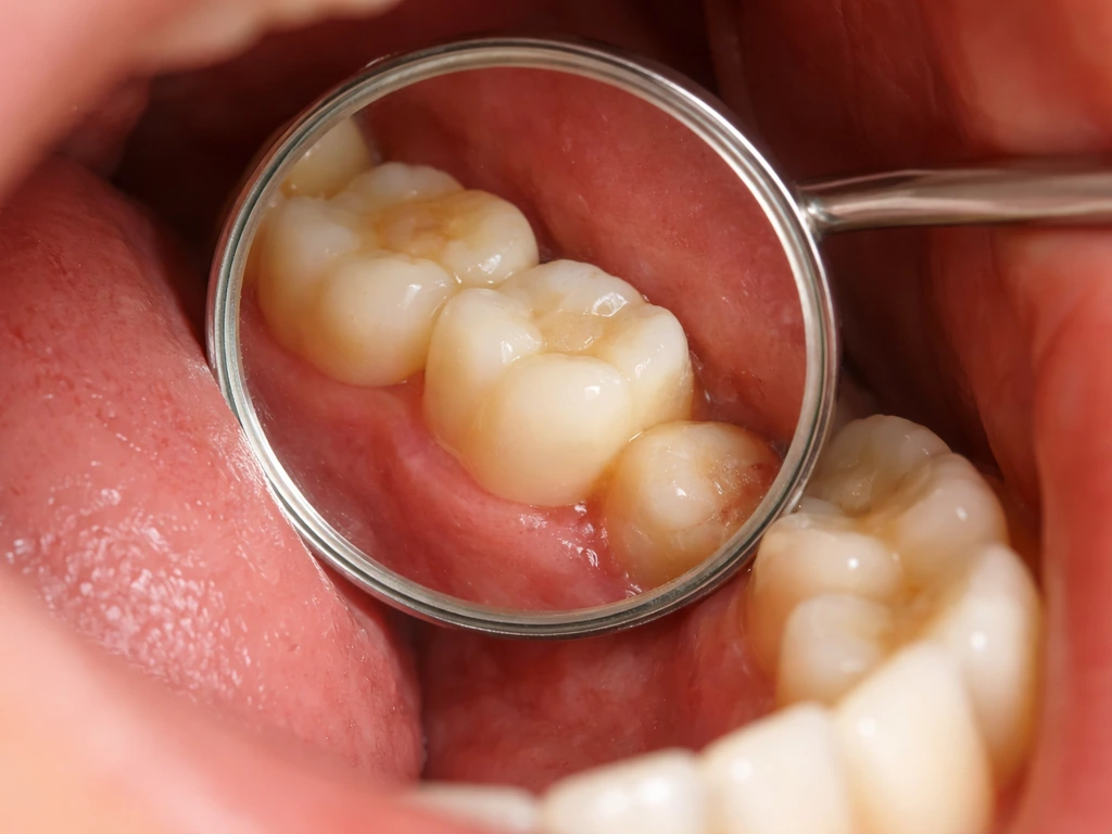 Close-up of a lower back jaw showing an erupting wisdom tooth with slight crowding and tilt.