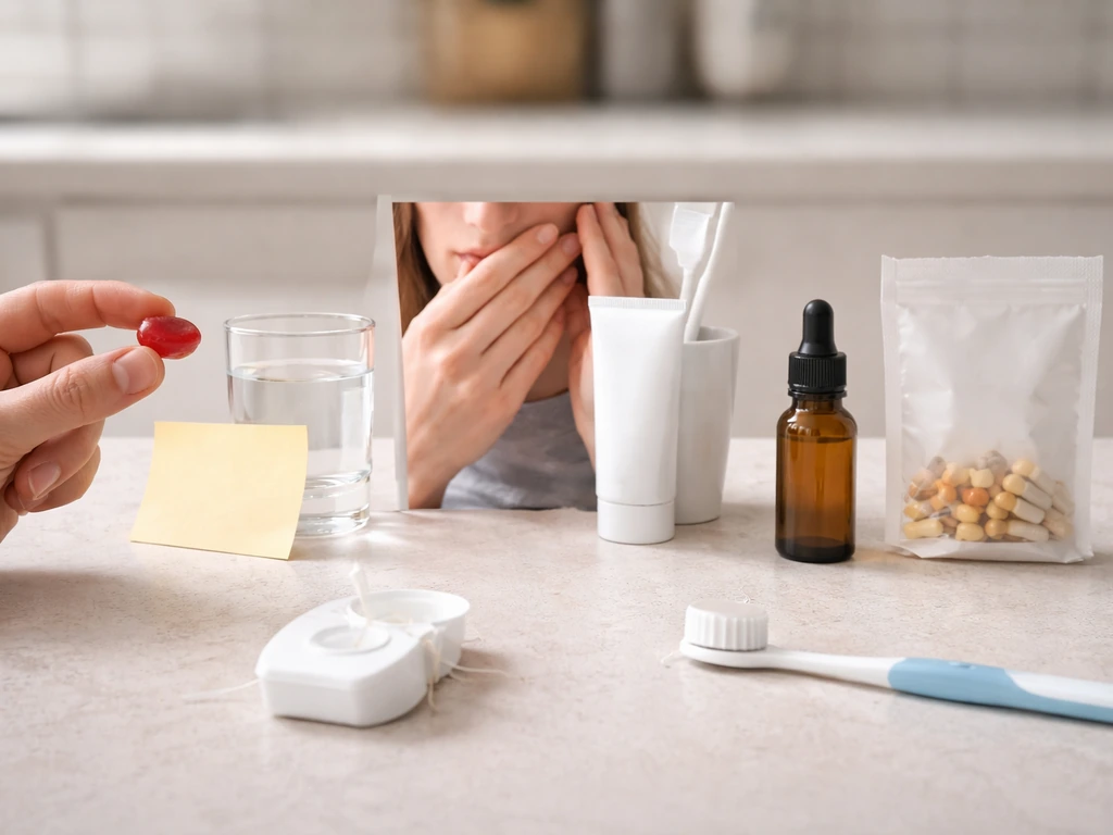 Hands, hard candy, essential oil, and vitamins beside floss and a toothbrush on a clean countertop.