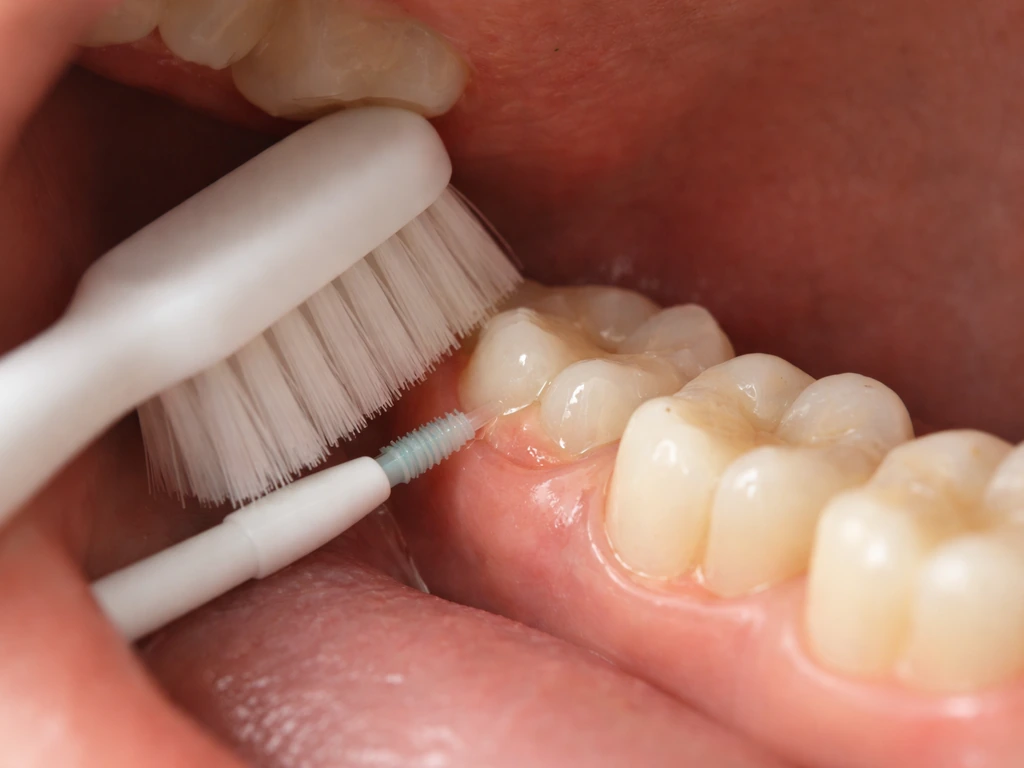 Close-up of a soft-bristle toothbrush angled toward a back molar with interdental cleaning near the erupting tooth