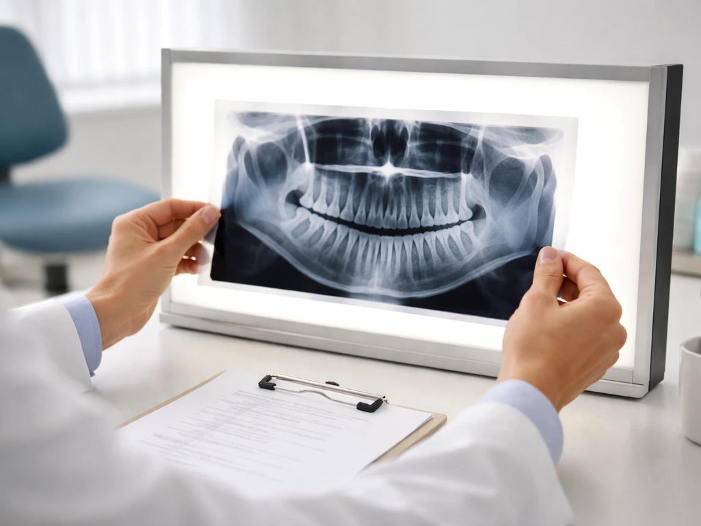 Dentist reviews a panoramic dental X-ray on a light viewer to decide next steps for wisdom teeth.