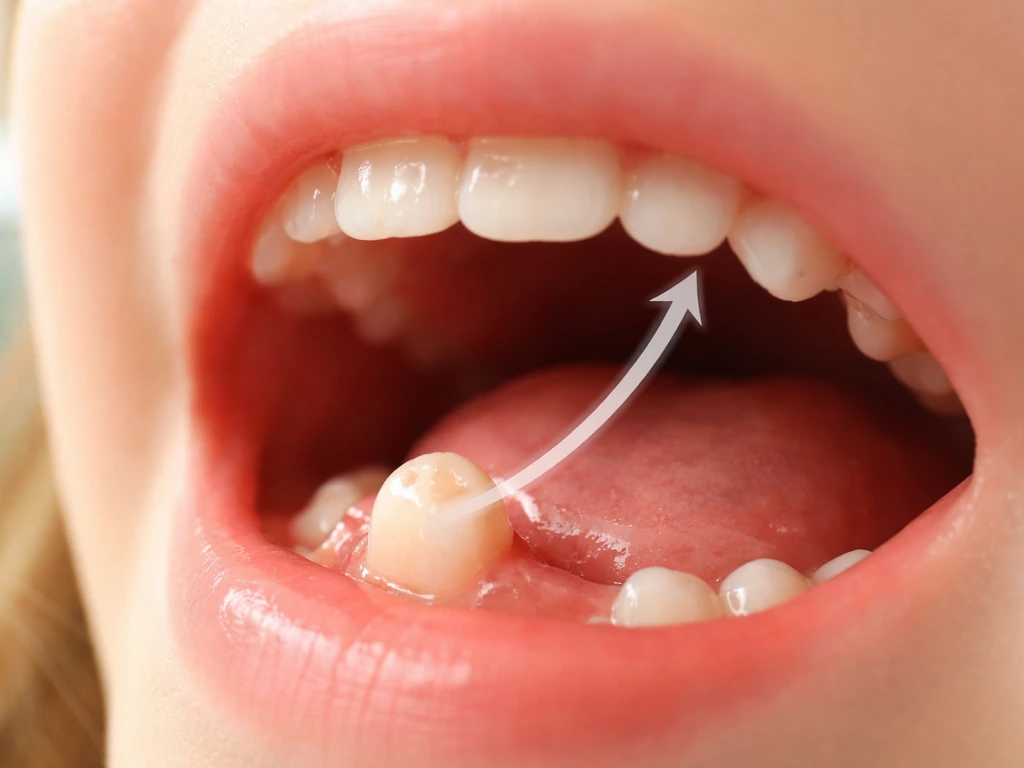Close-up of a child’s mouth showing a tooth erupting through the gum toward the biting surface.