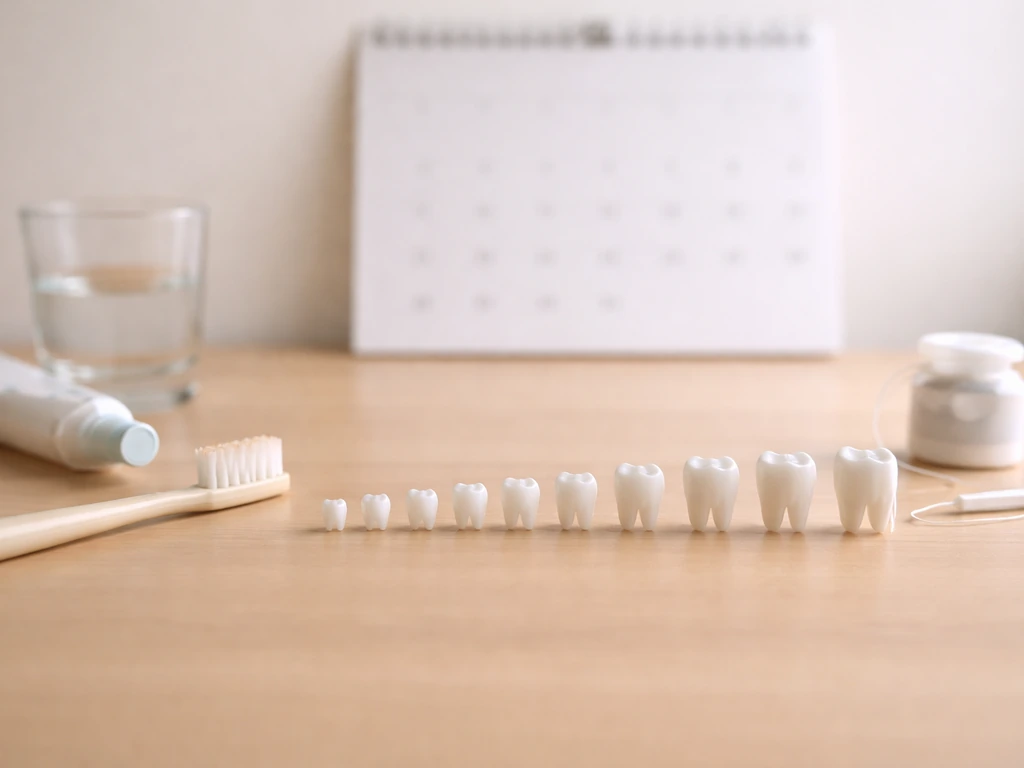 Tooth-shaped pieces and toothbrush on a light wood table, evoking a month-by-month eruption progression.