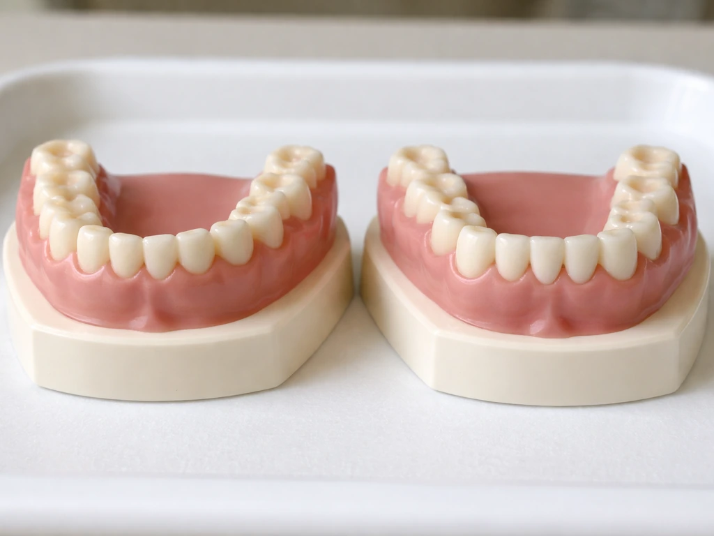Side-by-side dental models: primary teeth vs permanent teeth eruption at about age 6, showing lower incisors and first m