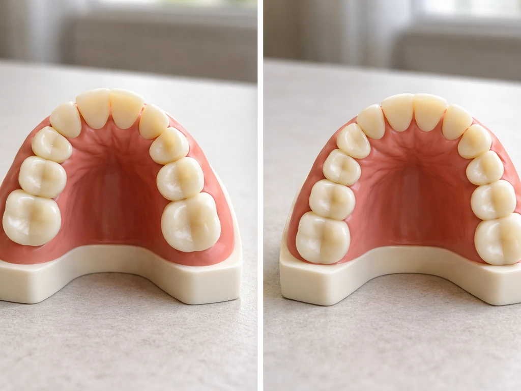 Dental model showing teeth too large for a small jaw space in a before/after style comparison