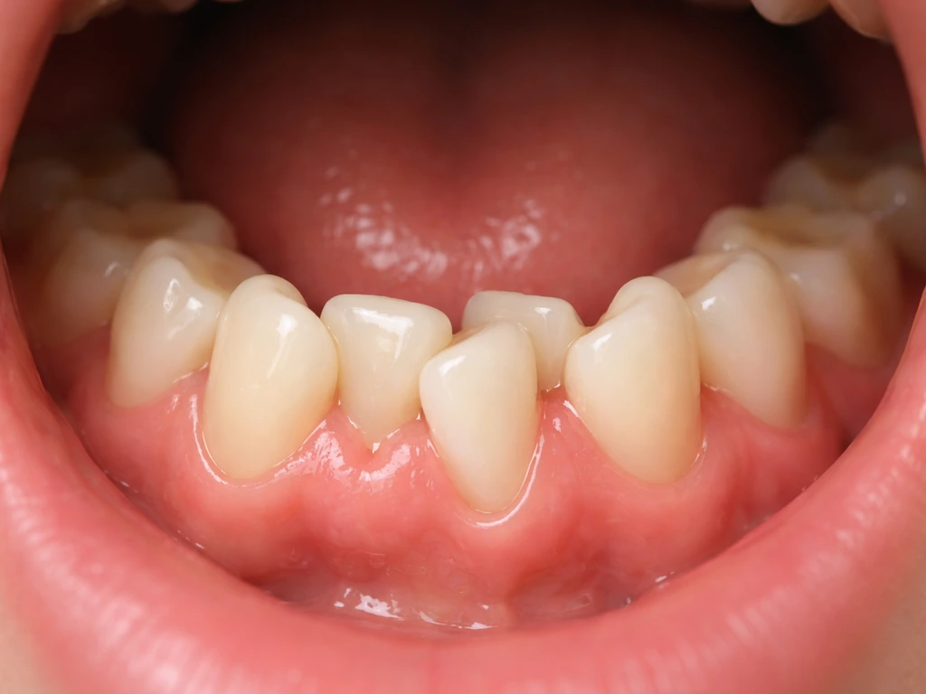 Close-up of crowded lower teeth with mild overlap and rotation inside a mouth