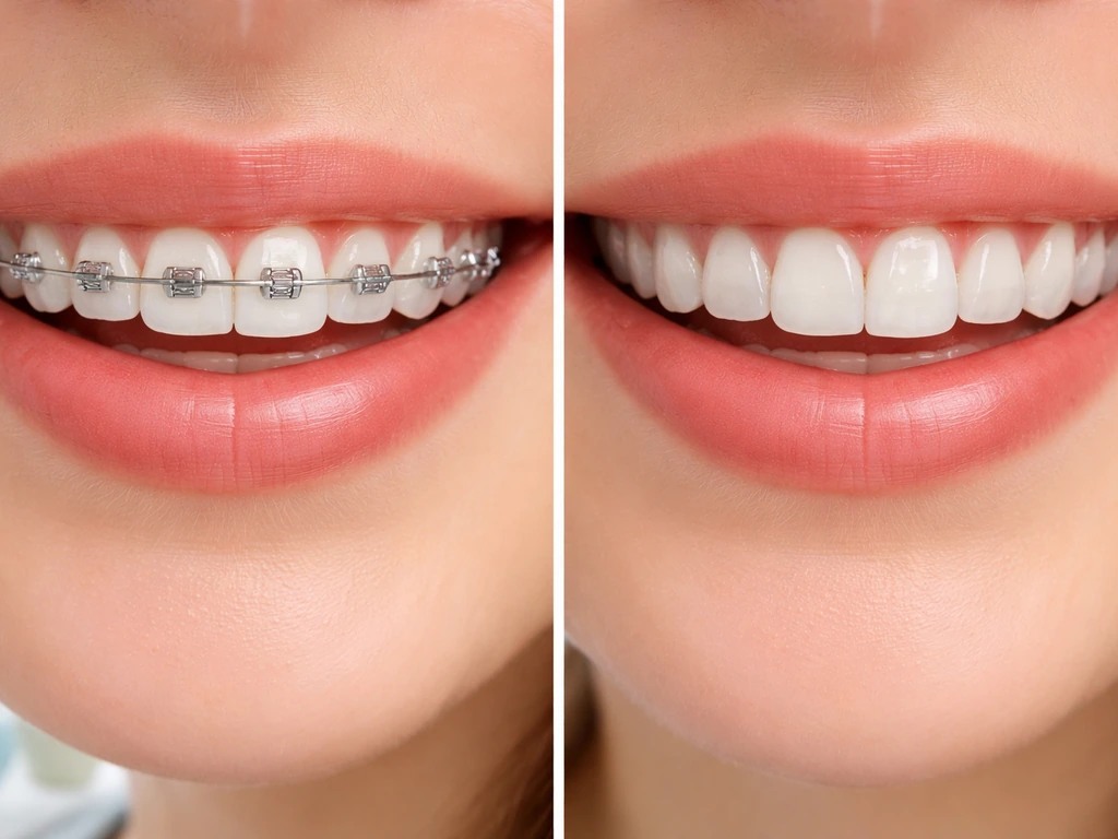 Close-up showing metal braces on one side and clear aligners on the other, in a quiet clinic setting.