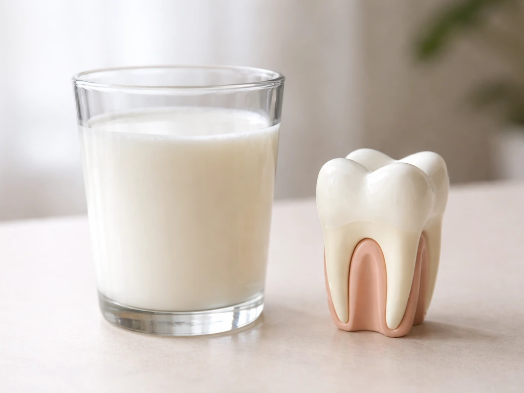 Glass of milk beside a simple dental model showing tooth anatomy for calcium and vitamin D connection.