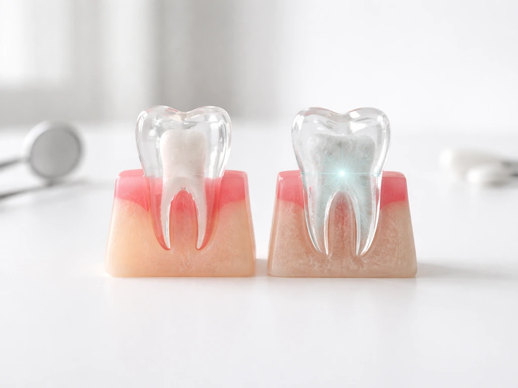 Close-up of tooth models showing one erupting through gum and one strengthening within the tooth