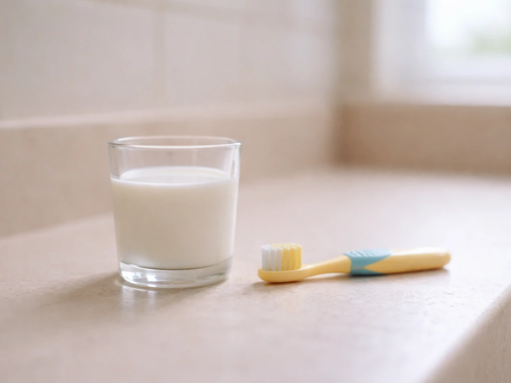 Minimal photo of a toddler’s toothbrush and a small glass of milk on a clean bathroom counter