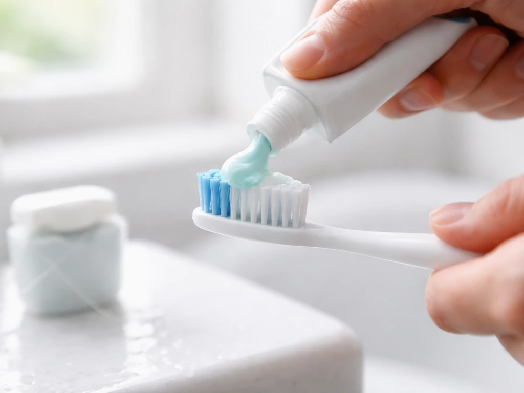 Close-up of applying fluoride toothpaste to a toothbrush with floss nearby on a clean counter