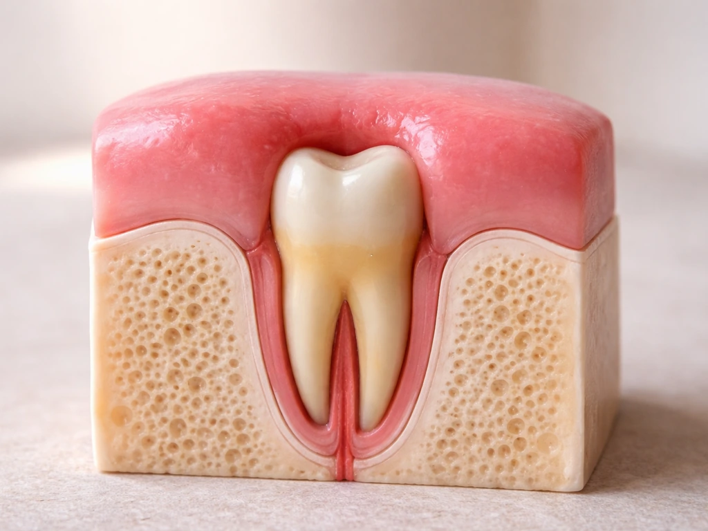Close-up cross-section showing an upper canine partially erupted under the gumline with limited crown visibility.