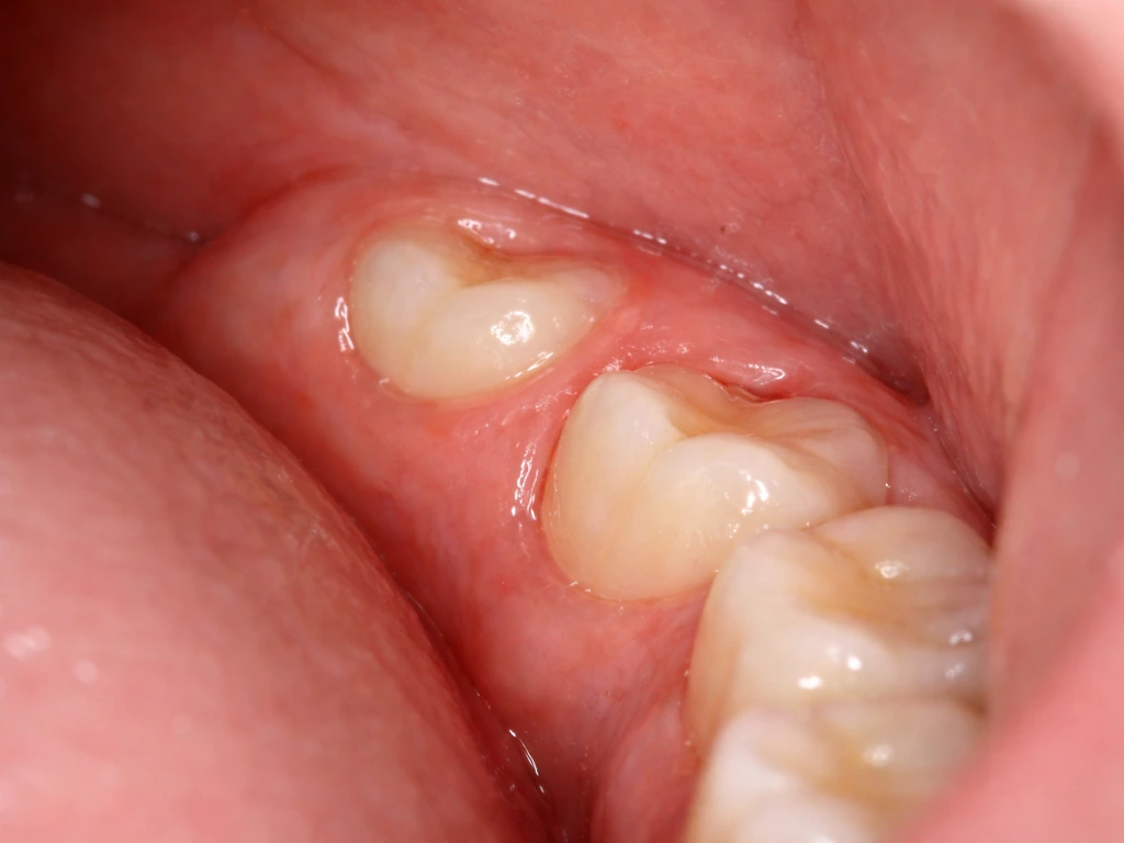 Close-up view of back-of-mouth wisdom tooth eruption stages under the gum in calm, minimal setting.