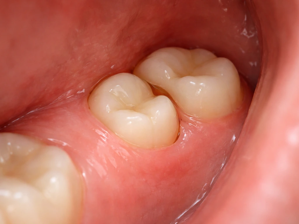 Macro view of a wisdom tooth erupting through gum in phases, with slight pauses between steps.