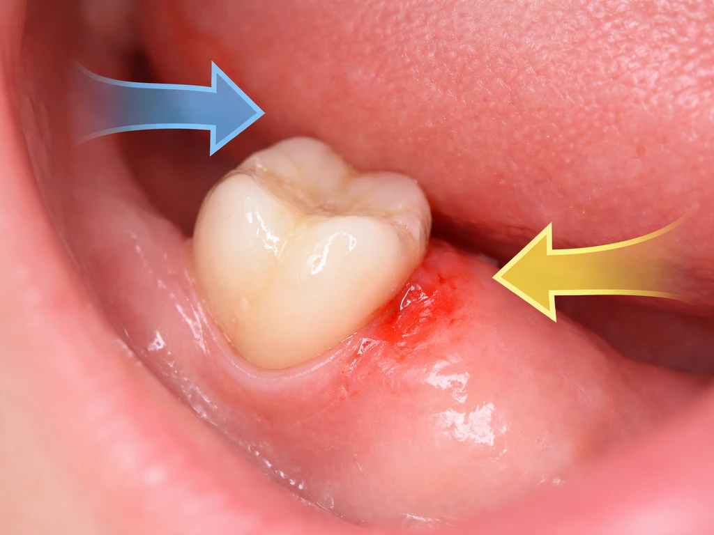 Dental close-up showing a tooth at the gumline with two arrows toward causes, plus a small warning-style cue