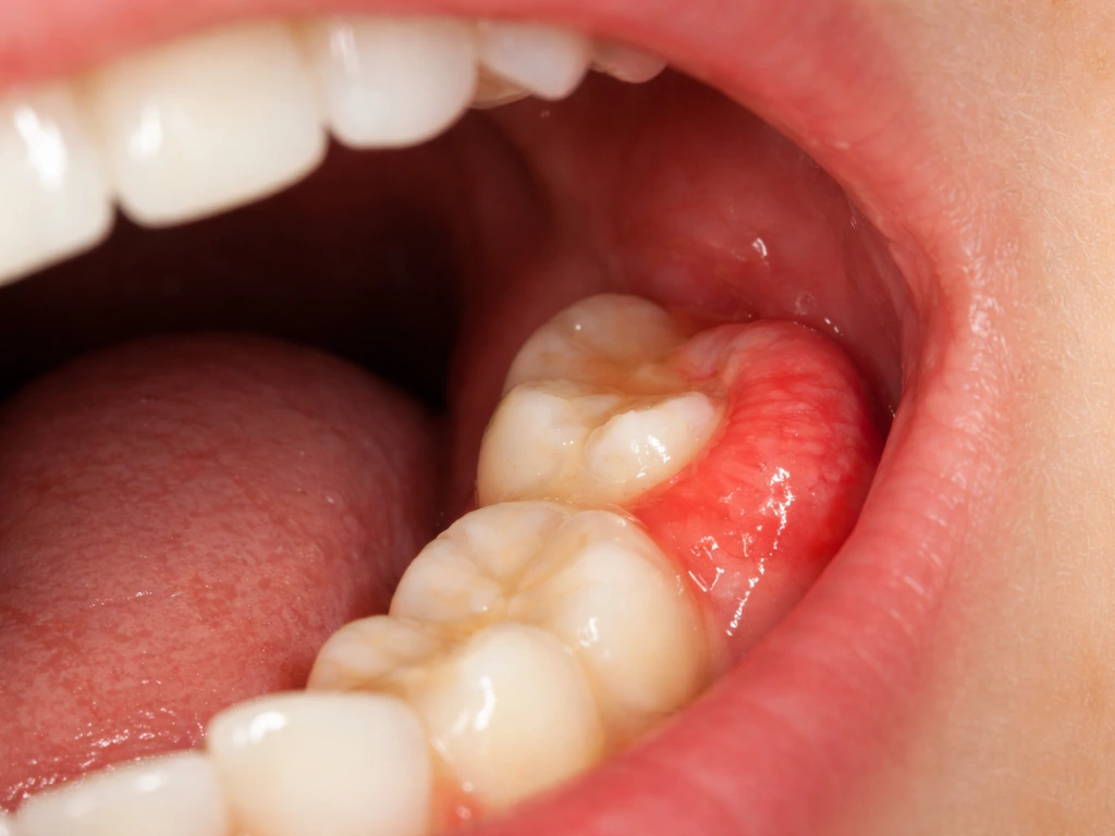 Photo-real mouth scene showing inflamed gum tissue around a partially erupting wisdom tooth
