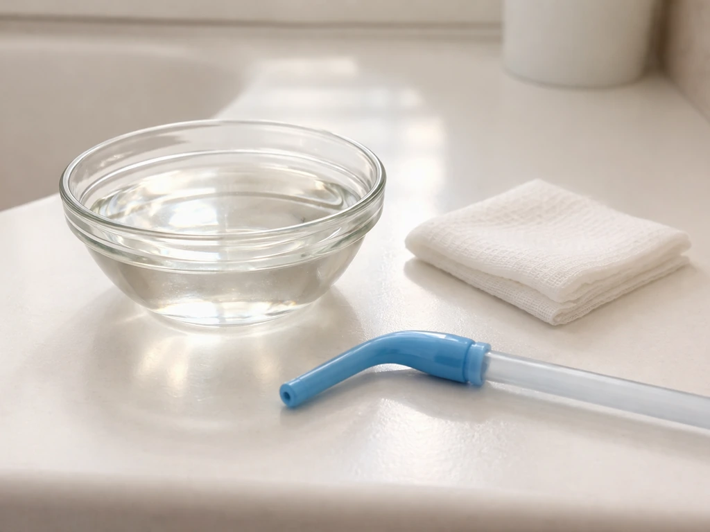Warm saltwater rinse setup on a bathroom counter with cotton gauze and a blue suction tip.