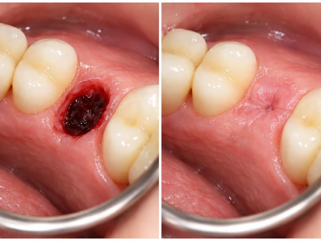 Dental healing close-ups showing day 1 blood clot and later gum tissue closure after extraction.