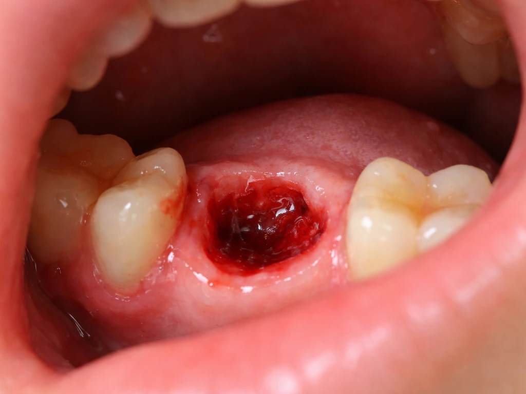 Close-up of a fresh extraction socket with a blood clot and surrounding gum tissue.
