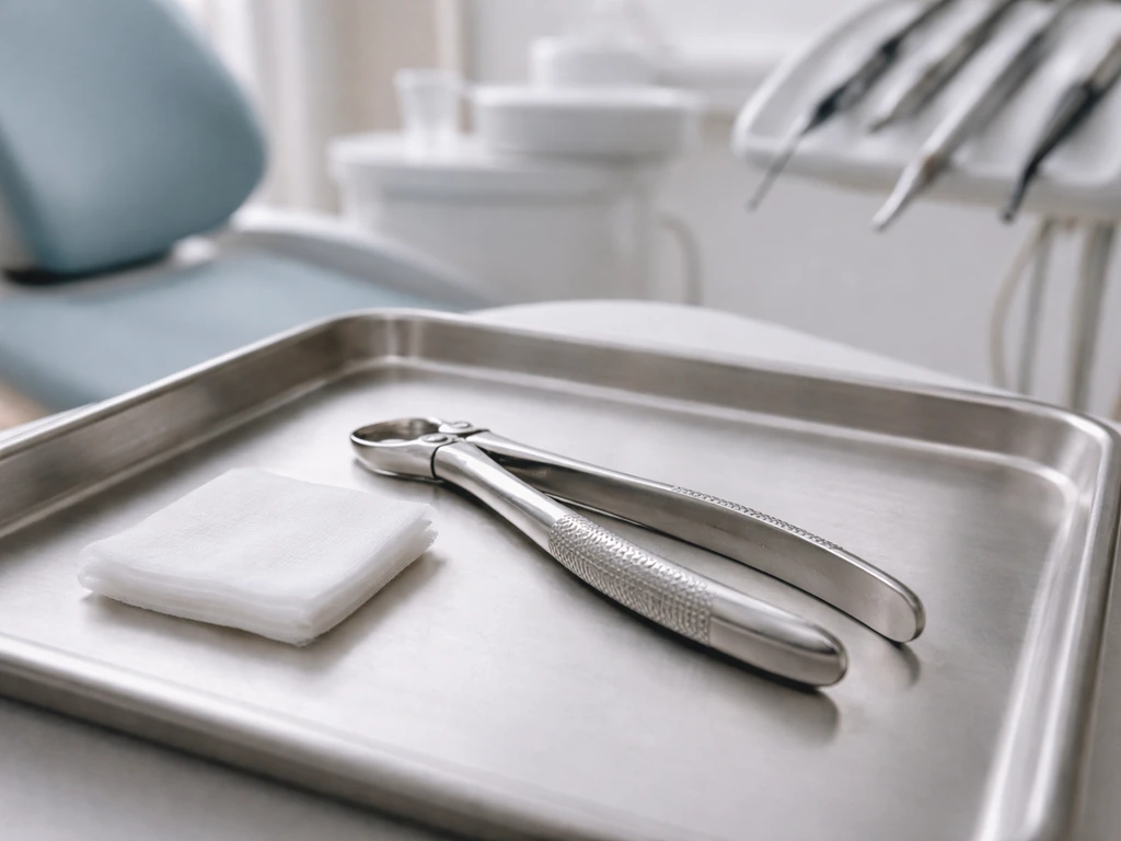 Dental extraction instruments on a clean tray in a quiet treatment room, minimal and realistic.