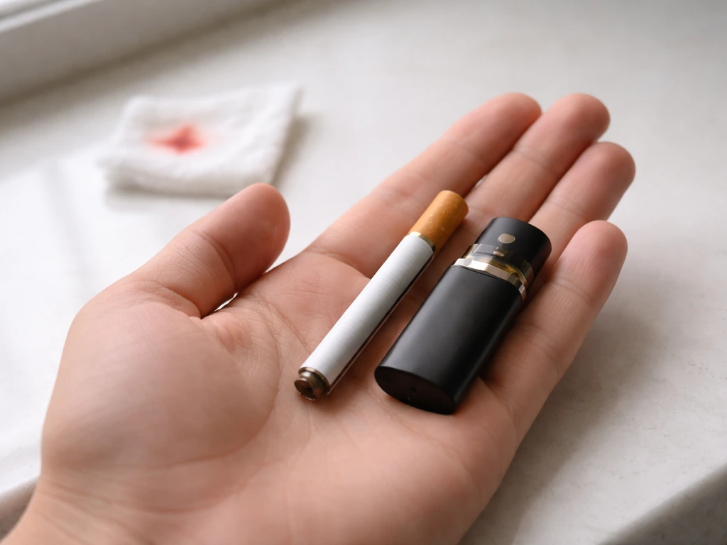 Cigarette and vape on a countertop beside dental gauze, suggesting avoiding nicotine after extraction.