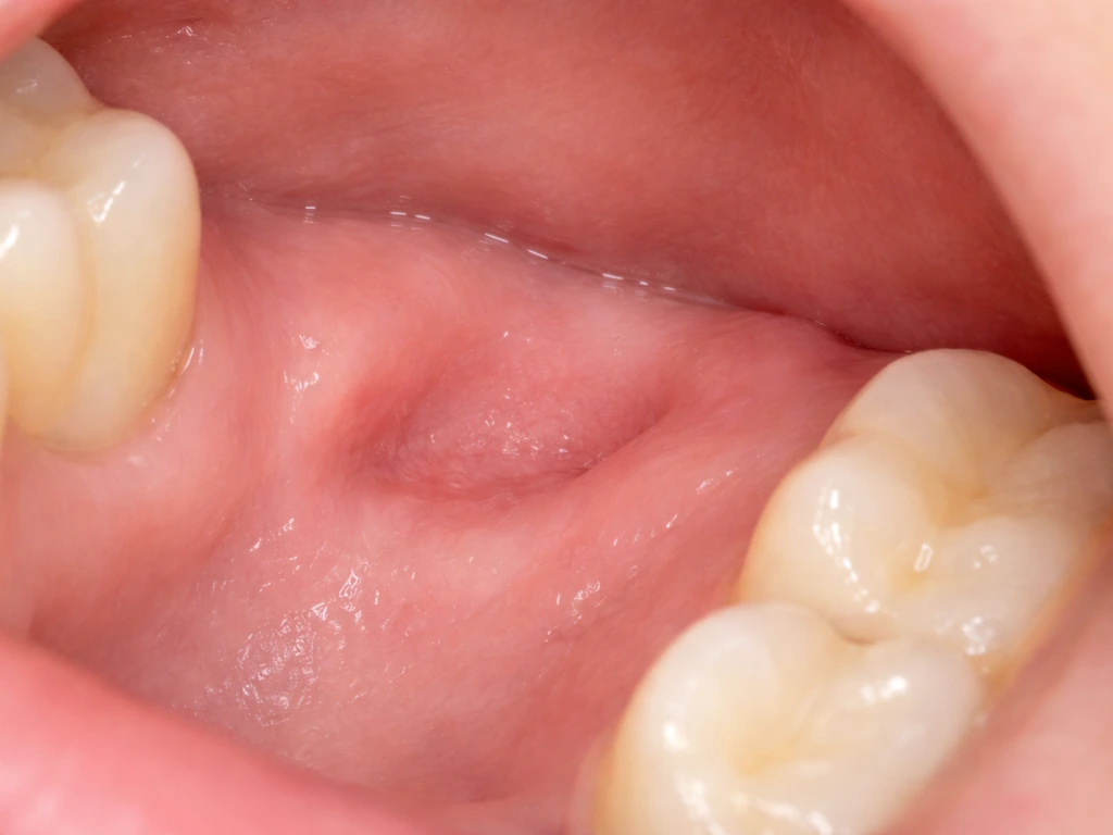 Mouth close-up showing normal healing gums with mild shrinkage after tooth extraction, non-graphic