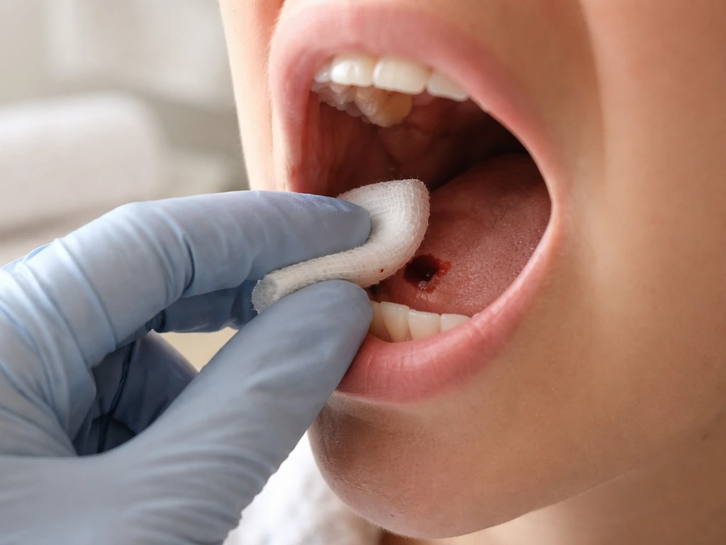 Gloved hand gently placing sterile gauze to protect a healing blood clot after tooth extraction.