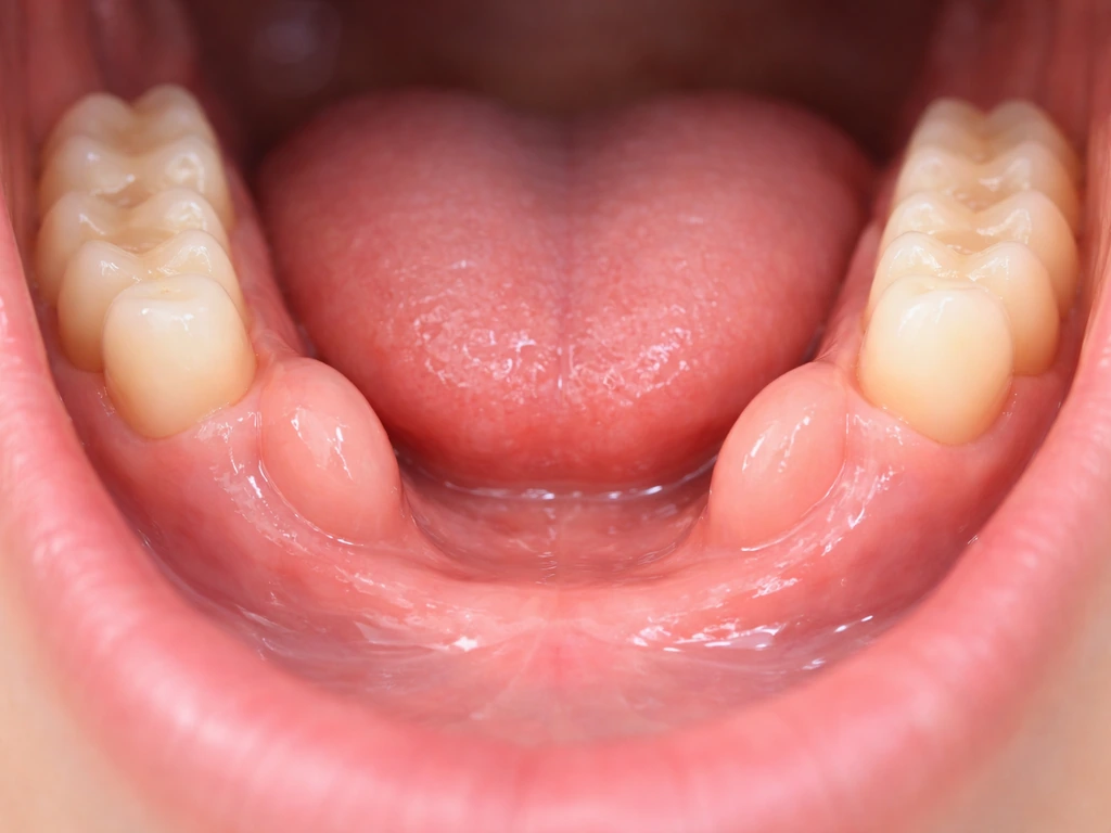Clinical close-up of the lower jaw lingual surface with small mandibular tori bony outgrowths