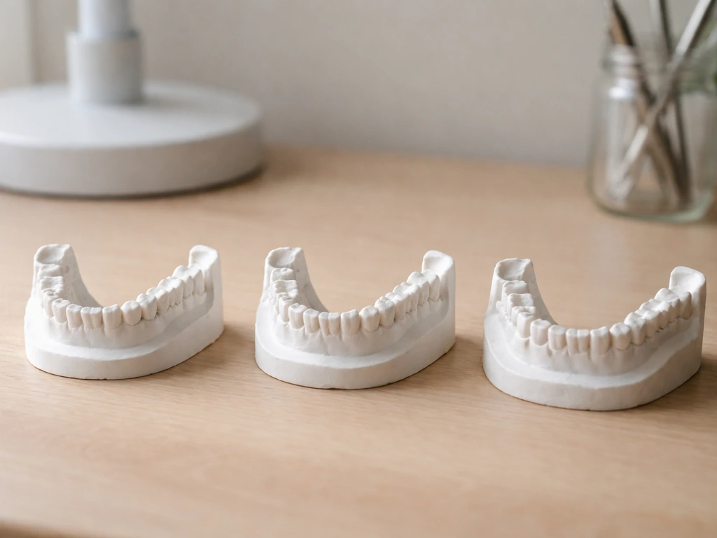 Minimal photo showing a slow, long-term change concept using dental plaster casts on a desk