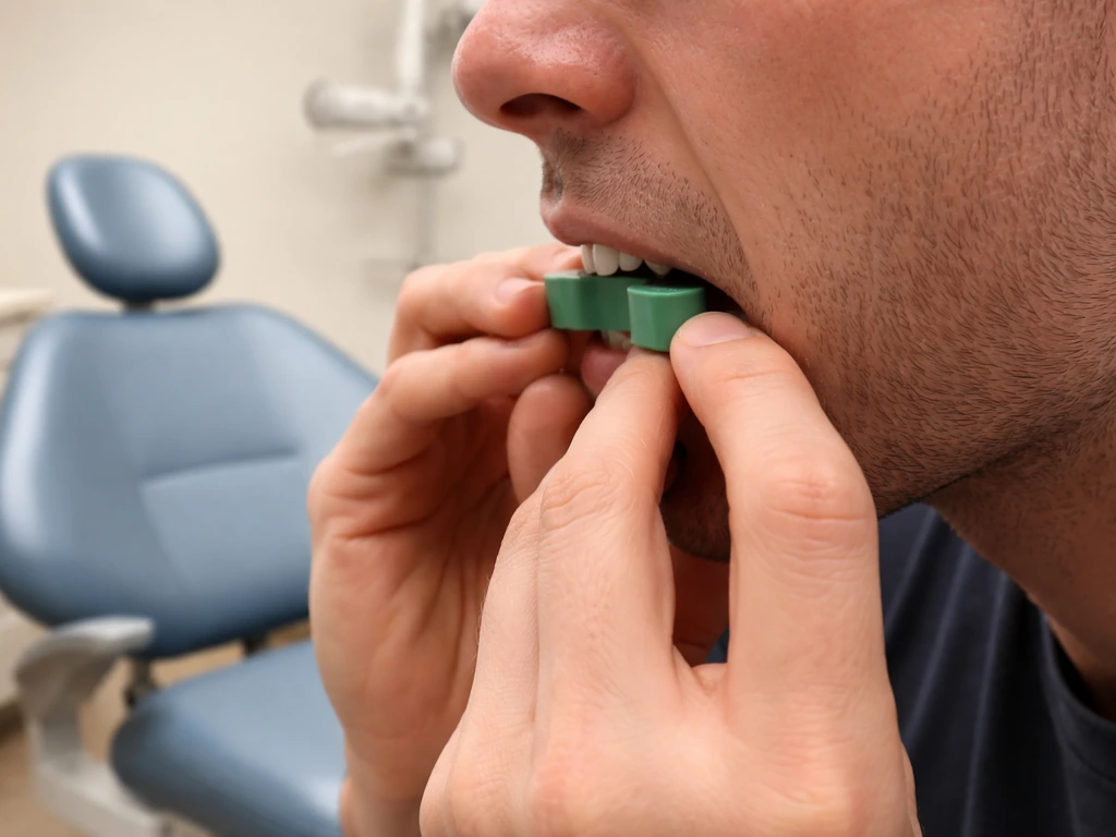 Hands holding a rubber bite block while clenching, showing mechanical jaw stress in a dental room.
