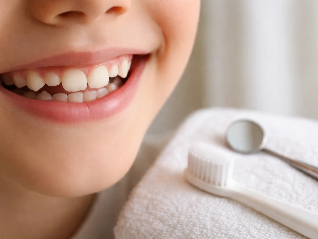 Anonymous child’s mixed dentition around age 10 with a toothbrush and dental mirror in soft daylight